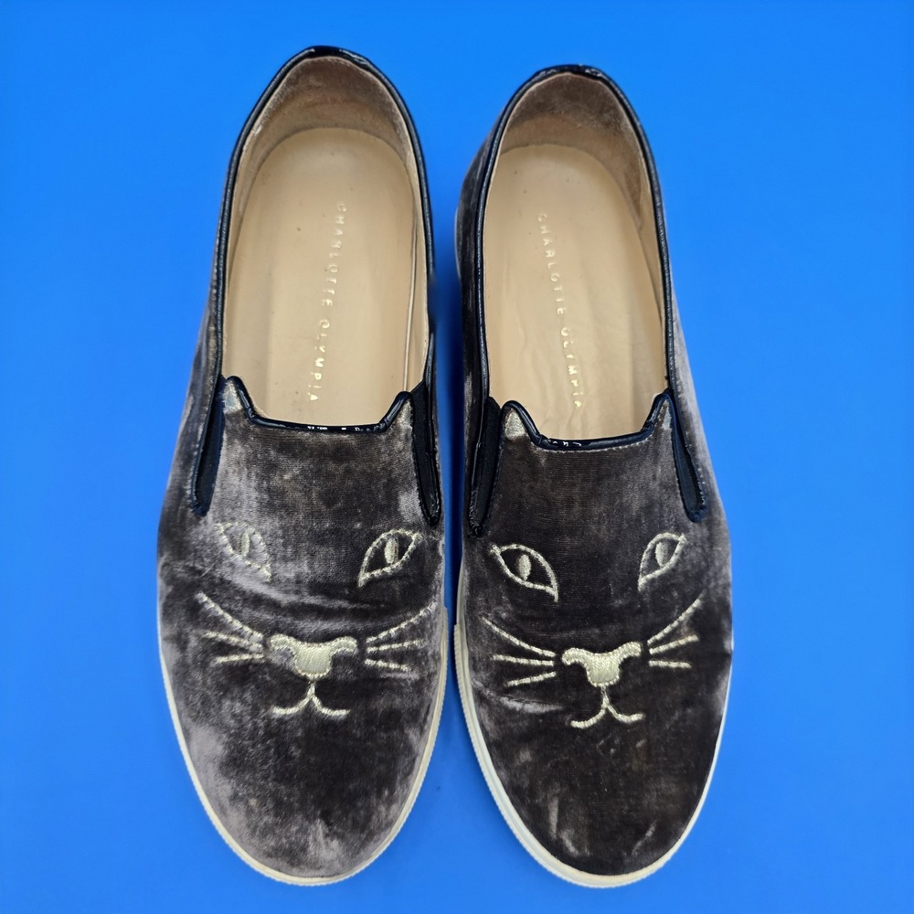 CHARLOTTE OLYMPIA COOL CATS GRAY SLIP ON SNEAKER VELVET LEATHER EU 39.5 US 9.5